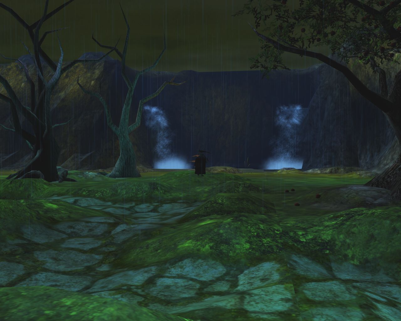 A dark night by the waterfall