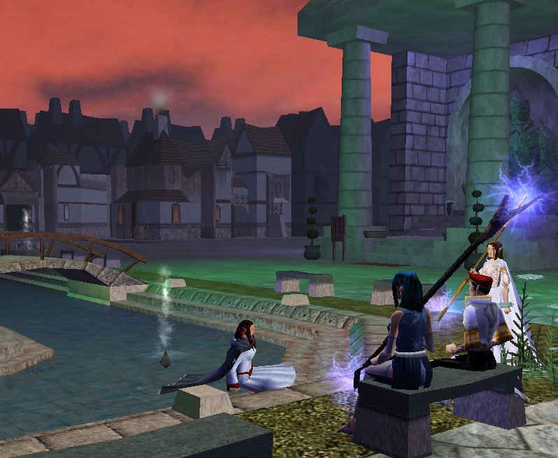 Chatting by the fountain.